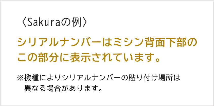〈BL69WJの例〉シリアルナンバーはミシン背面下部のこの部分に表示されています。 ※機種によりシリアルナンバーの貼り付け場所は異なる場合があります。