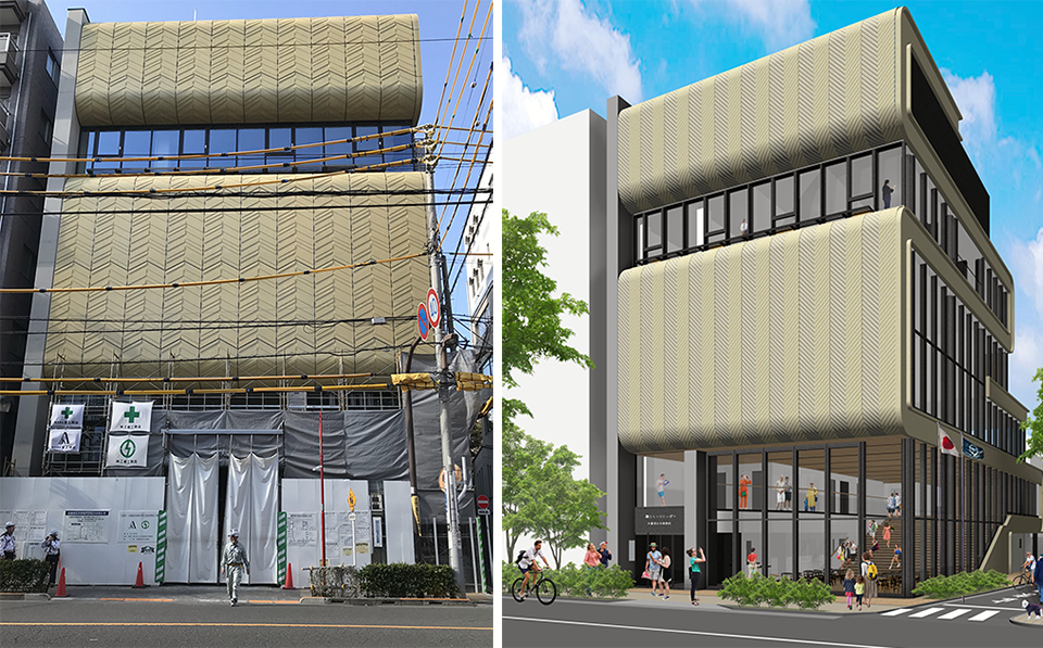 「荒川区立日暮里地域活性化施設(ふらっとにっぽり)」8月28日撮影(左)と完成予想図(右)